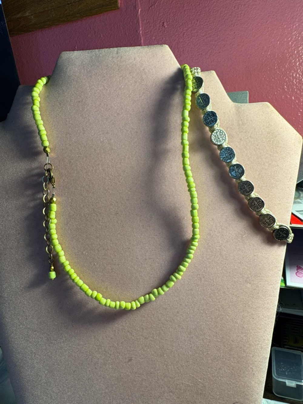 Neon Yellow Beaded Necklace 8”Medallion With Silver Discs on a rope Bracelet